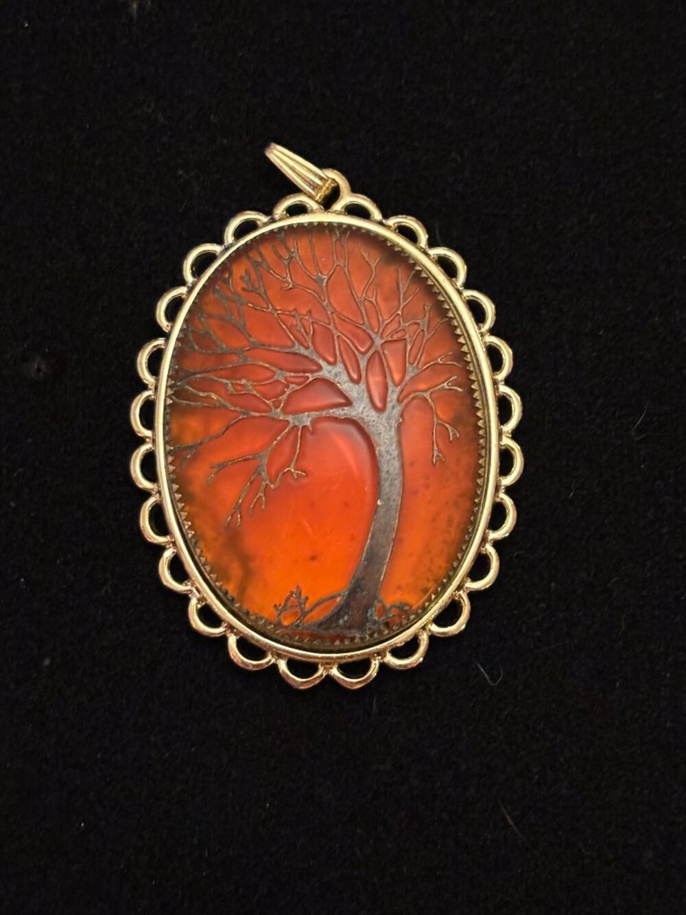 Vintage Scalloped Gold Tone Orange Chalcedony w/ Engraved Tree of Life Pendant